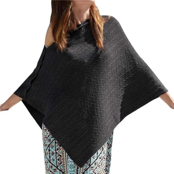 Women's Versatile Knitted Shawls Scarf Poncho Sweater E-black in Cable 61”x28“